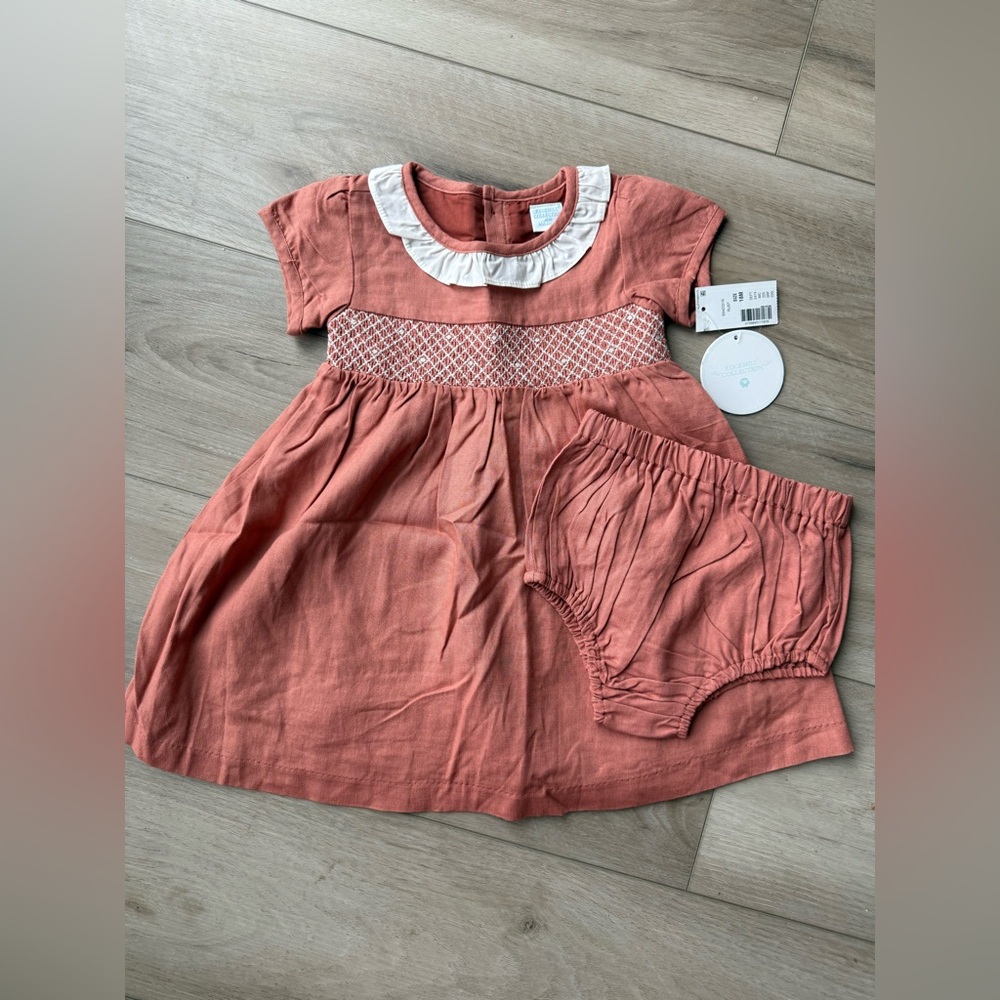 Edgehill Collection Baby Smocked Linen Dress Set Rust 18M NWT